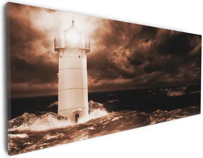 Produktbild von Wallario Premium Leinwandbild Abstrakter Leuchtturm im Wasser bei stürmischer See in Größe 30 x 75 cm