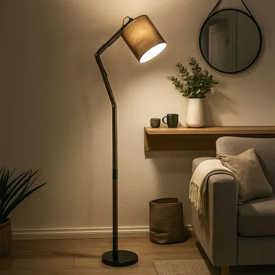 Produktbild von LED Stehlampe, Holz, Textil, grau, schwarz, beweglich, H 172 cm