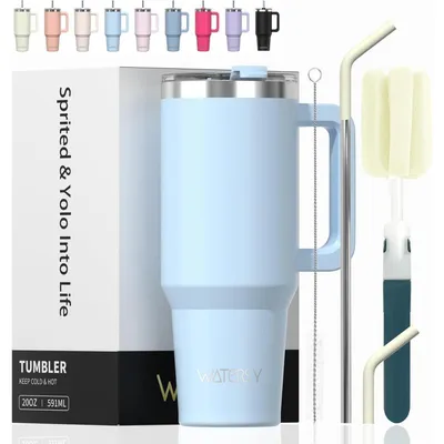 Immagine prodotto di Tazza termica da viaggio, 591 ml, blu, a doppia parete in acciaio inossidabile, isolata sottovuoto, a prova di perdite, con manico e cannucce