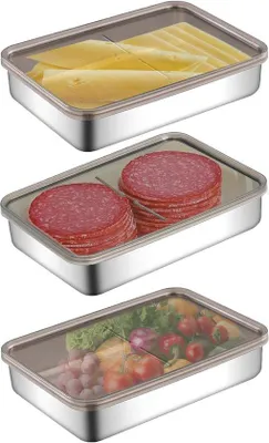 Zdjęcie produktu dla Zestaw 3 pojemników chłodniczych z rurki stalowej do przechowywania wędlin, pojemnik chłodniczy na mięso, pojemnik chłodniczy do wędlin, organizer do pojemników chłodniczych, pojemnik na mięso ze stali nierdzewnej z pokrywką do sera i mięsa (20 × 14 × 4 cm)