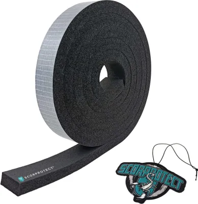 A roll of black foam insulation tape with a gray adhesive backing, and a small air freshener with a scorpion logo.