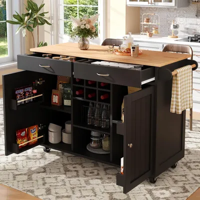 Produktbild von Küchenwagen mit klappbarer Arbeitsplatte, Servierwagen mit Rollen und Weinregal, 102x45x92cm Schwarz