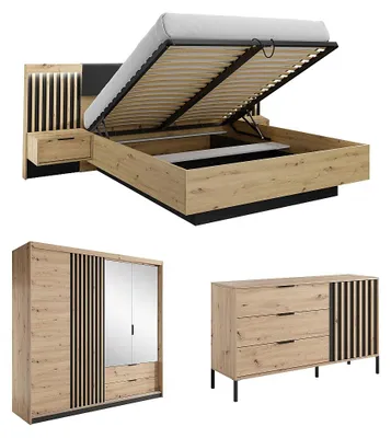 Produktbild von Schlafzimmer-Set - Bett mit Bettkasten & Nachttischen - 160 x 200 cm + Kommode + Kleiderschrank - Holzfarben & Schwarz - ARIADA