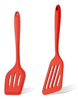 Image de Ensemble de 2 spatules en silicone, rouge, avec fentes, résistantes à la chaleur. Idéales pour retourner le poisson, racler et antiadhésives. Lavables au lave-vaisselle