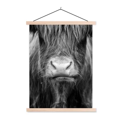 Produktbild von MuchoWow® Textilposter Schottischer Highlander - Kuh - Schwarz - Weiß - Tiere 60x80 cm mit holzfarbenen Rahmen - Wandbild