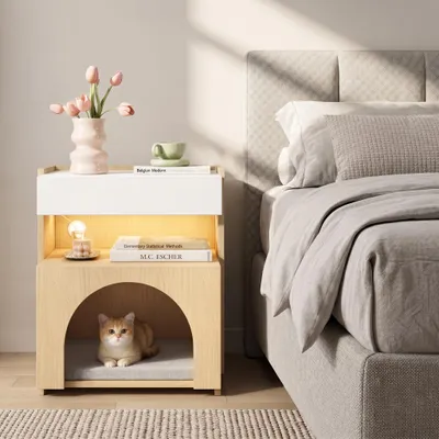 Productafbeelding van Flieks nachtkastje met kattenmand, multifunctionele bijzettafel met LED-verlichting, huisdiermöbel met opbergruimte, 47x39x58 cm, wit + naturel, AI-gegenereerde afbeelding
