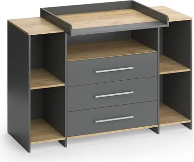 Produktbild von Wickelkommode Vicco Oskar Anthrazit/Goldkraft Eiche 143.2 x 93 cm mit 3 Schubladen, Model 55593