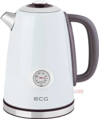 A studio shot of a white electric kettle with a brown handle and accents.