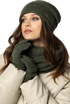 Immagine prodotto di Vivisence Set invernale da donna in lana con cappello, sciarpa e guanti in morbido e caldo filato con motivo melange, ideale per le fredde giornate invernali, verde melange, taglia unica
