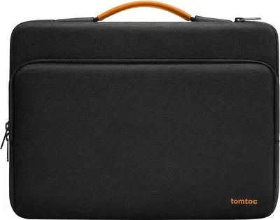 A black laptop bag with an orange handle is shown against a white background.