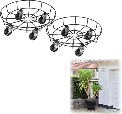 Image de FIVMEN 2 pièces rouleur de plantes en métal, 33 cm rond dessous de pot avec roulettes verrouillables, fer forgé rouleur de fleurs pour l'extérieur, l'intérieur, décoratif, jardin type C