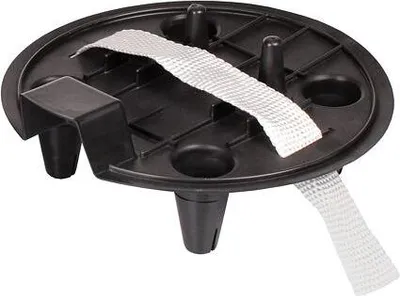 A black plastic plant pot holder with a gray strap is shown against a white background.