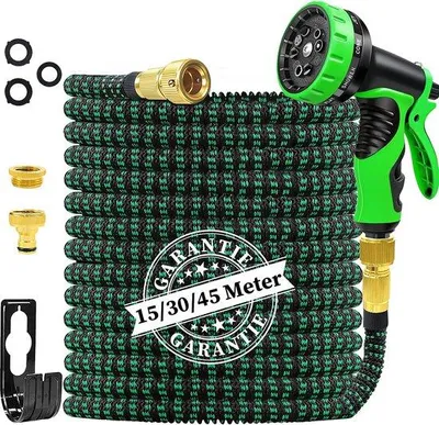 Immagine prodotto di Tubo da giardino flessibile, antitorsione ed estensibile con 10 ugelli, raccordo in ottone e anima in lattice, lunghezza 15 m, ideale per lavare e innaffiare