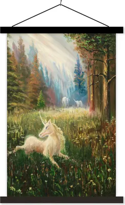 Produktbild von MuchoWow® Textilposter Eine Illustration eines Einhorns im Wald - Mädchen - Kinder - Kinder 40x60 cm mit schwarzem Rahmen - Wanddekorationen