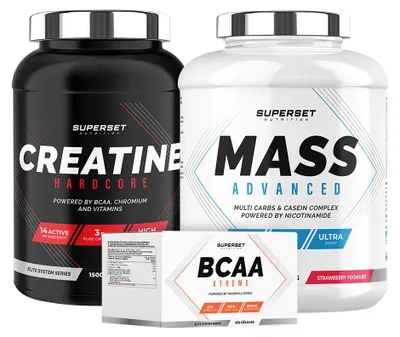 Zdjęcie produktu dla Confirmed Weight Gain Programme - Mass Advanced 2,5kg Strawberry Yogurt - Hardcore Creatine 1,5kg Tropical - BCAA Xtreme