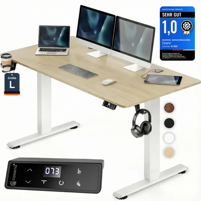 Produktbild von CASARIA® Höhenverstellbarer Schreibtisch elektrisch 140 x 70 cm mit Wireless Charger & USB-C/A Anschluss LCD-Display Memory-Funktion 80 kg belastbar ergonomisch Beige