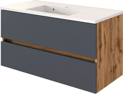 Produktbild von Waschtisch mit Mineralgussbecken 100 cm LOUROSA-03 in Wotaneiche Nb. mit matt grau, B/H/T: ca. 100/56/47 cm