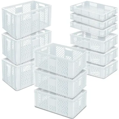 Multiple stacks of white plastic crates are arranged on a white background.