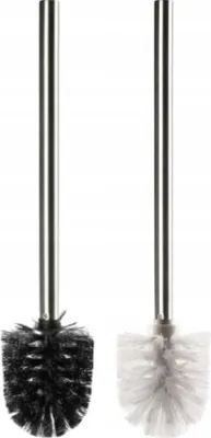 Two toilet brushes with silver handles and different colored brush heads (black and white) are shown side-by-side against a white background.