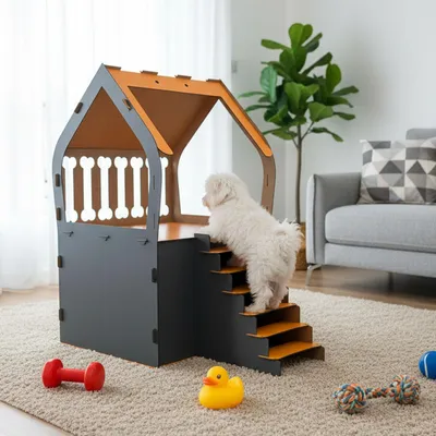 Produktbild von 3XL Hundehütte mit Treppe & Balkon aus MDF, Indoor Hundebett Haus Anthrazit / Orange