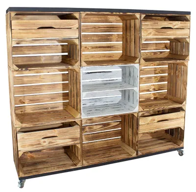 Produktbild von Raumtrenner/ Kommode mit 8 geflammten Kisten mit 4 Schubladen und 1 shabby weiß Kiste mit Mittelbrett auf Rollen, 133x150x30 cm