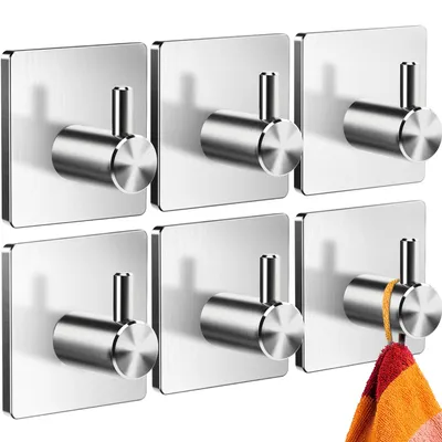 Produktbild von Bohrfreie Handtuchhaken – Set mit 6 Handtuchhaltern aus Edelstahl, wasserfeste Klebehaken, selbstklebende Handtuchhaken für das Badezimmer, funktionale Haken