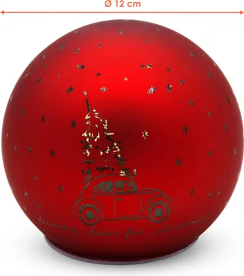 Image de Boule de Noël LED à poser en rouge mat avec minuterie - 12 cm - Boule en verre blanc chaud illuminée Fonctionne avec des piles