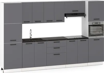 Zdjęcie produktu dla ULWEHOME Meble kuchenne Zestaw mebli kuchennych Kuchnia Milan 320cm | szafka • blat • słupek piekarnikowy • słup gospodarczy • regał | Antracyt 3,2 m