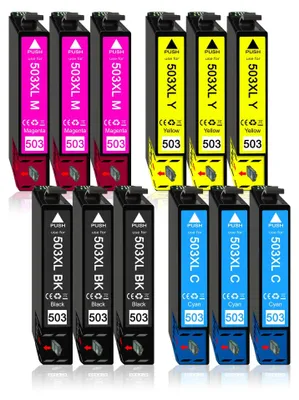 A collection of printer ink cartridges arranged in rows.