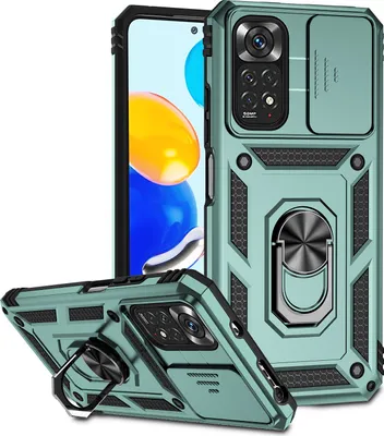 A product shot of a phone case with a ring holder and camera cover.