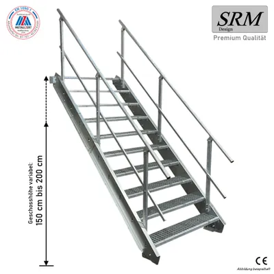 Produktbild von 10 Stufen Stahltreppe beidseitig. Geländer Breite 100cm Geschosshöhe 150-200cm
