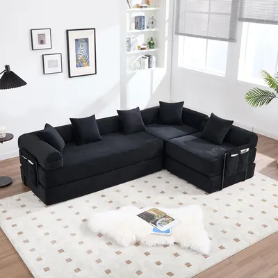Zdjęcie produktu dla Sweiko Przytulna sofa rodzinna z miejscem do przechowywania i funkcją modułową - pakowana próżniowo w celu łatwego montażu, dowolnie łączone moduły i przyjazna dla zwierząt. Idealna na relaksujące chwile. Czarny