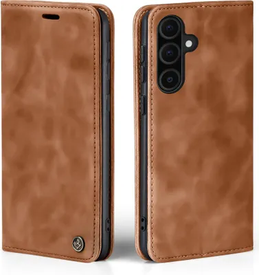 A brown leather flip case for a smartphone, shown from two angles.