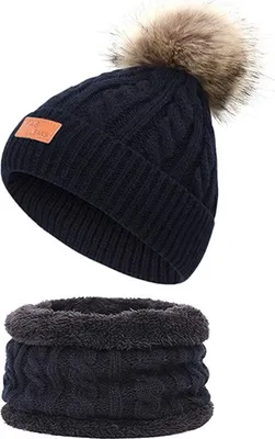 Produktbild von Baby Mütze Schal Set Mädchen Jungen Warm Fellbommel Beanie Hüte