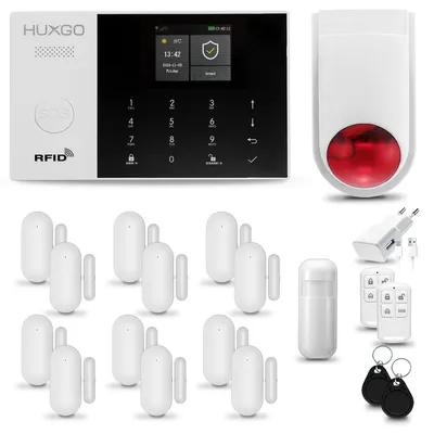 Produktbild von HUXGO HXA005 Alarmanlage Haus WiFi + GSM 4G mit Funksirene Alarm System mit Bewegungssensor und 12x Tür- Fenstersensor, für Wohnung, Garage, Tuya App
