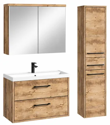 Produktbild von Badplaats Badmöbel-Set Florence 80 x 40 cm - Kastanieneiche - mit Waschbecken, Spiegelschrank und Hochschrank