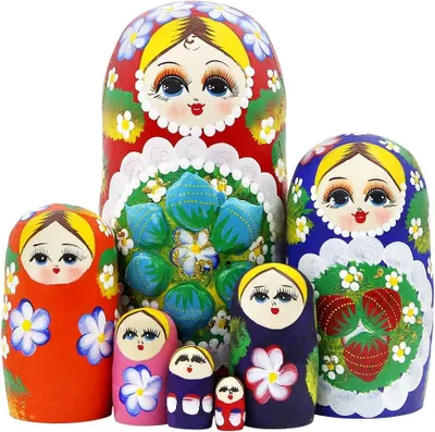 Productafbeelding van Bloemen en bessen houten russische nesting - Set van 7 - Rode - Poppen Matroesjka Russische Pop