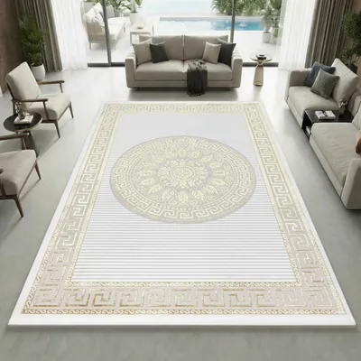 Image de Tapis design brillant à motifs orientaux, blanc et or - Dimensions : 120 x 170 cm