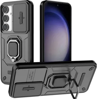 Obrázek produktu pro Pouzdro pro Samsung Galaxy S24 FE dvouvrstvé pouzdro s posuvnou ochranou kamery a držákem prstenu, stojánek Černý