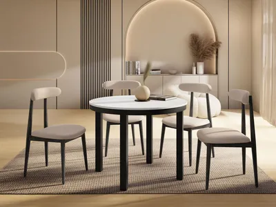 Produktbild von Runder Ausziehbarer Esstisch mit Schwarzem Metallgestell – Tisch mit Schwarzen Metallbeinen im Loft-Stil – Platzsparender Tisch für Wohnzimmer, Esszimmer oder Küche – Weiß – 100 bis 180 cm