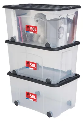 Aufbewahrungsbox 50L mit Rollen, Clip-Deckel, transparent