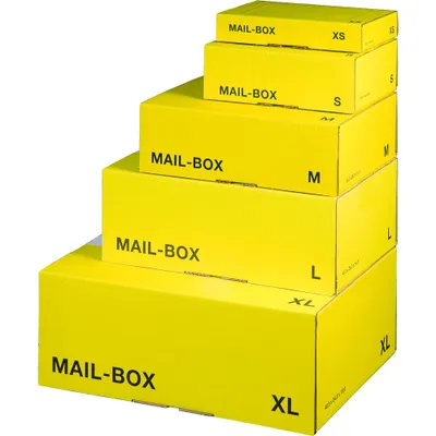 A stack of five yellow mail-boxes of different sizes, arranged in a pyramid shape.