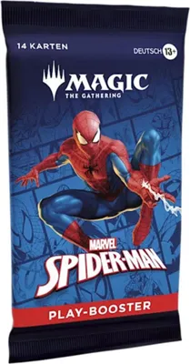 A Magic: The Gathering Marvel's Spider-Man Play-Booster pack featuring Spider-Man in a dynamic pose.