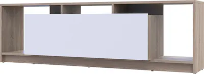 A modern TV stand with a white front panel and wood-effect frame.