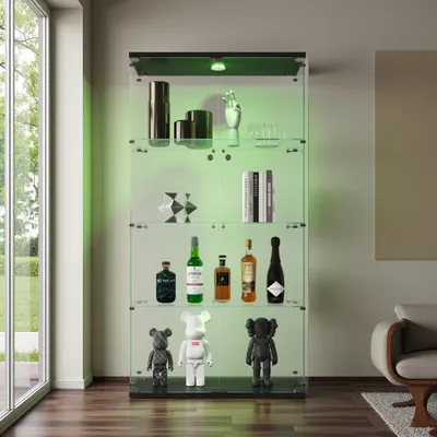 Obrázek produktu pro Vitrína ProximaX s LED osvětlením, vitrína se skleněnými dvířky, pop-up design, skleněná vitrína s 8 policemi, skleněná vitrína černá, do obývacího pokoje, tvrzené sklo, 80.49x36.49x163.9cm