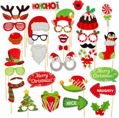 Produktbild von 32-teiliges Weihnachten Fotobox Accessoires Set Photo Booth Props Selfie Stick Requisiten für lustige Weihnachtsfeier Fotoshooting Rot