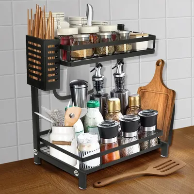 Image de étagères de cuisine 2 niveaux Étagère à épices Plan de travail de cuisine Organiseur Étagère de rangement Noir