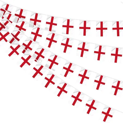 Image de Guirlande de drapeaux Saint-Georges, Angleterre, 30 pièces, 14x21 cm, 10 mètres, polyester, rouge et blanc