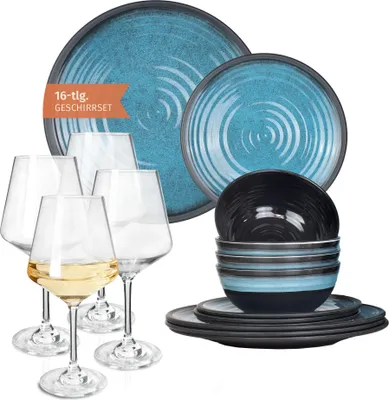 Produktbild von Melamin Camping Geschirr Set 4 Personen Stone Blue + 4 Milano Weiß Weingläser Tafelgeschirr Picknick BBQ Kochgeschirr