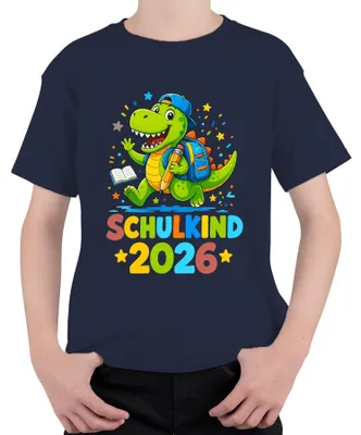 Immagine prodotto di Maglietta per bambini, taglia 152, colore blu navy, con motivo dinosauri, ideale come regalo per l'inizio della scuola nel 2026